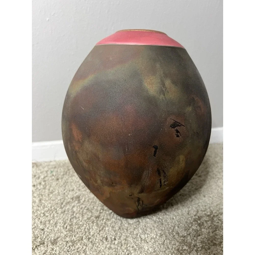 VTG. Raku Pottery Vase Signed Iridescent Earth Tone Finish 1998